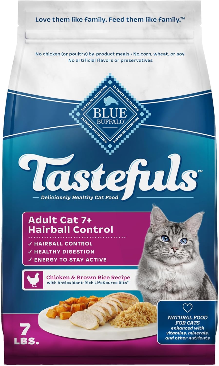 Blue Buffalo Tastefuls Natural Dry Food for Adult Cats 7+, Hairball Control, Chicken & Brown Rice Recipe, 7-lb. Bag