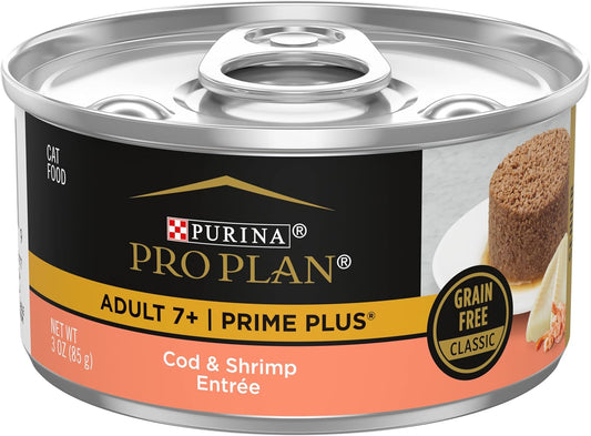 Purina Pro Plan Grain Free Senior Wet Cat Food Pate, SENIOR Prime Plus Cod & Shrimp Entree - (Pack of 24) 3 oz. Pull-Top Cans