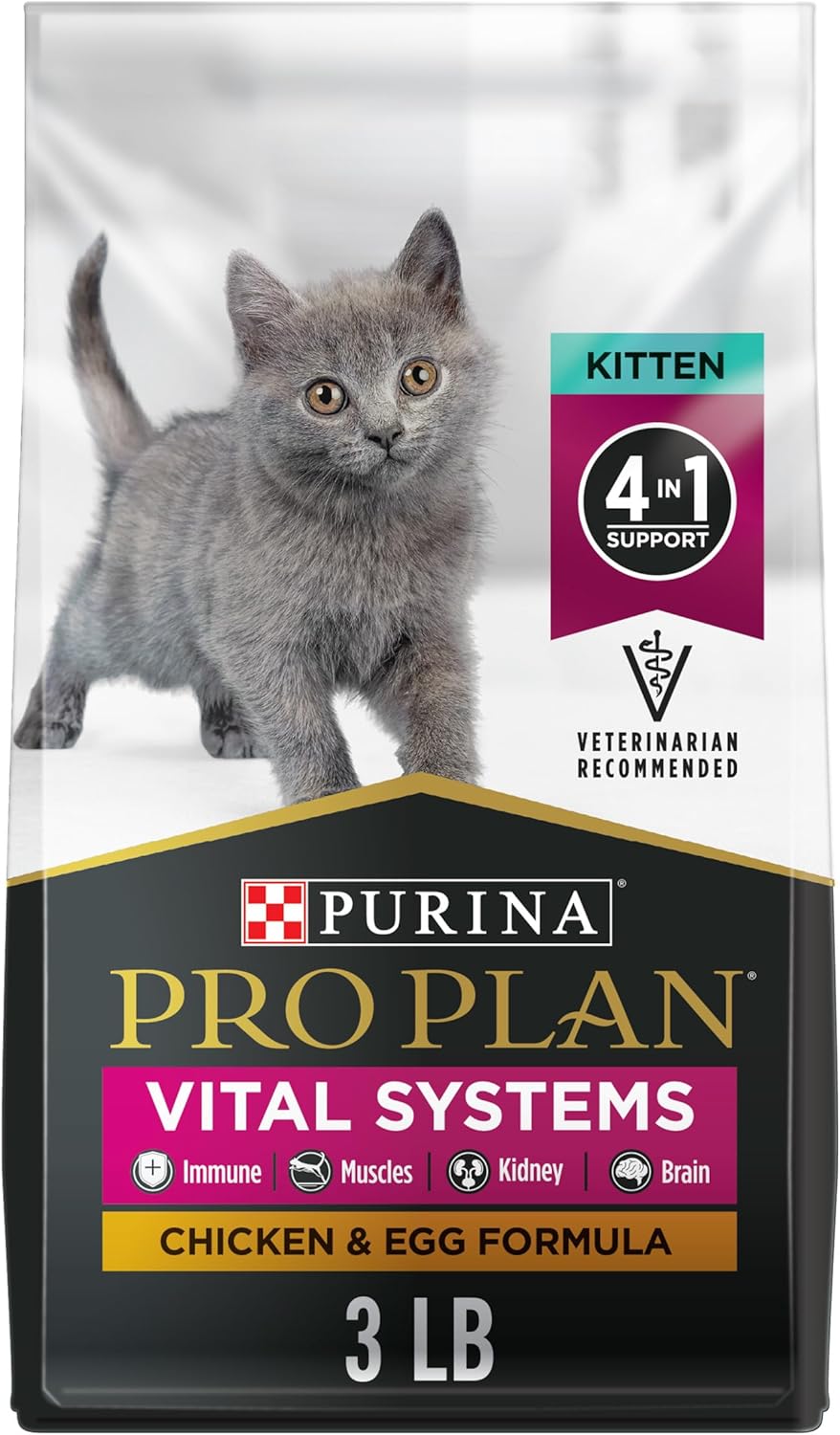 Purina Pro Plan Vital Systems Chicken and Egg Formula Kitten Dry Food 4-in-1 Immune, Muscles, Kidney and Brain and Vision - 3 lb. Bag