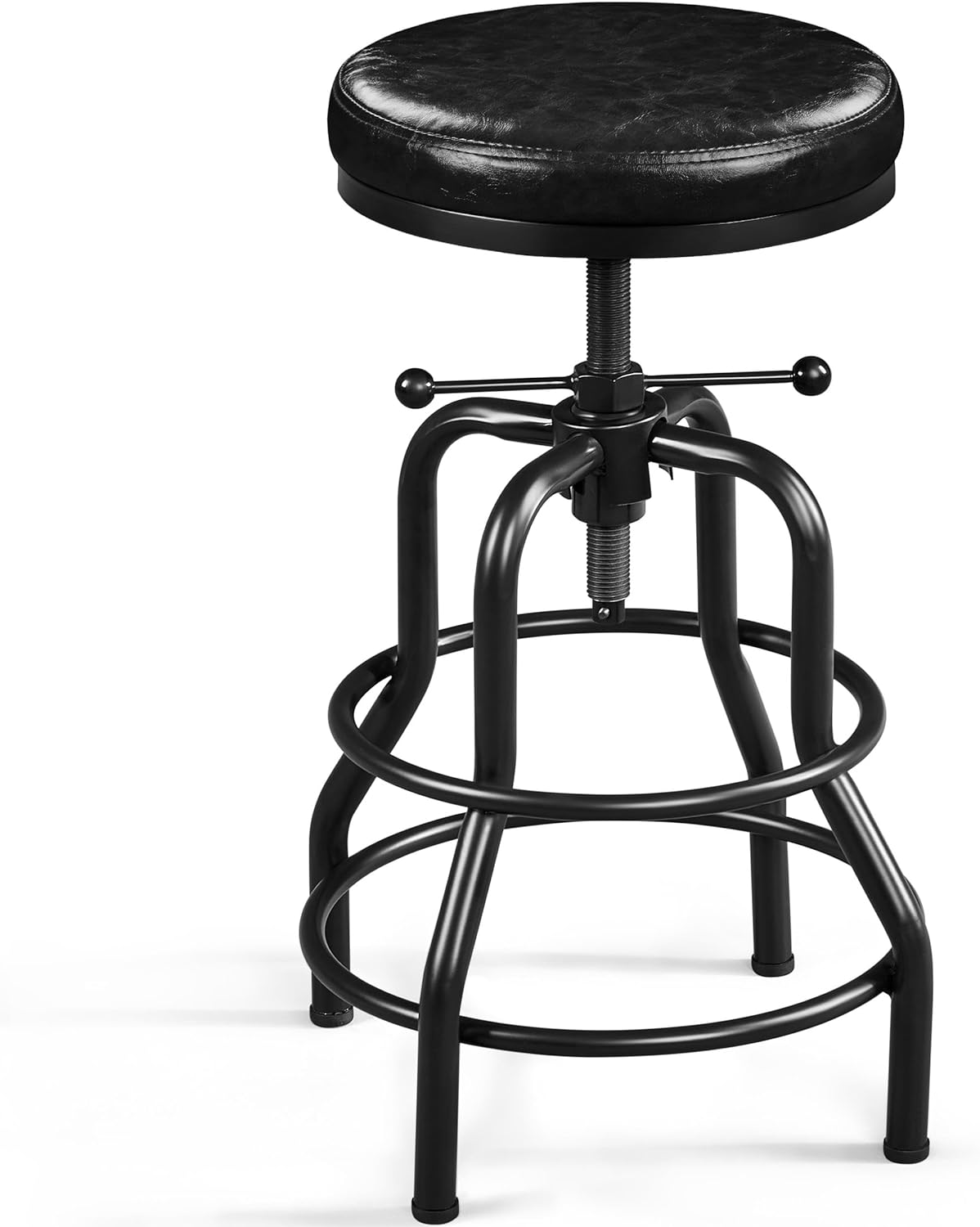 Yaheetech Industrial Bar Stools Vintage Counter Height Bar Stool with Round Faux Leather Seat Metal Stool Adjustable Kitchen Stool 21.5-28 Inch Tall Black, 1PCS