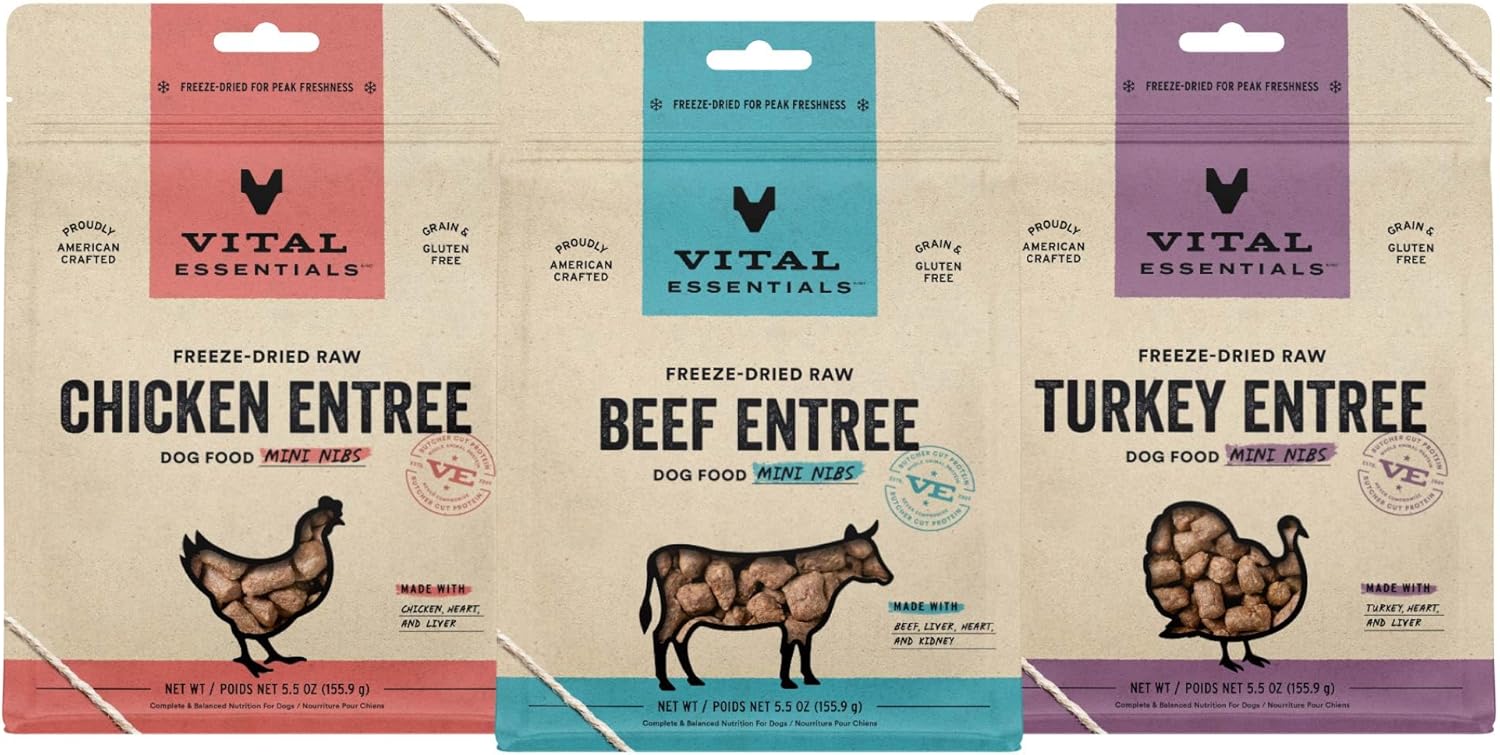 Vital Essentials Freeze Dried Raw Dog Food, Sample Variety Pack, Complete & Balanced Whole Animal Protein, Beef Mini Nibs 5.5 oz + Chicken Mini Nibs 5.5 oz + Turkey Mini Nibs 5.5 oz