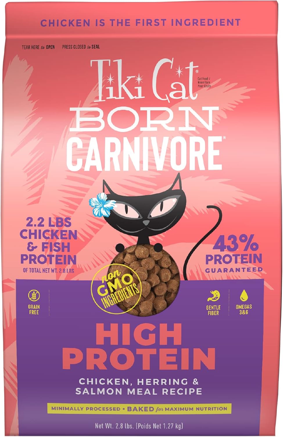 Tiki Cat Born Carnivore High Protein, Chicken, Herring & Salmon Meal, Grain-Free Baked Kibble to Maximize Nutrients, Dry Cat Food, 2.8 lbs. Bag