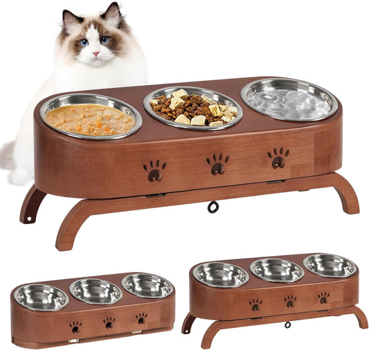 handrong Elevated Cat Bowls,Cat Food Bowls,Tilted Pet Bowl,Bamboo Raised Cat Bowl,Adjustbale Cat Feeding Bowls Pet Feeder with Stand 3 Stainless Steel Bowls for Cats Small Dogs