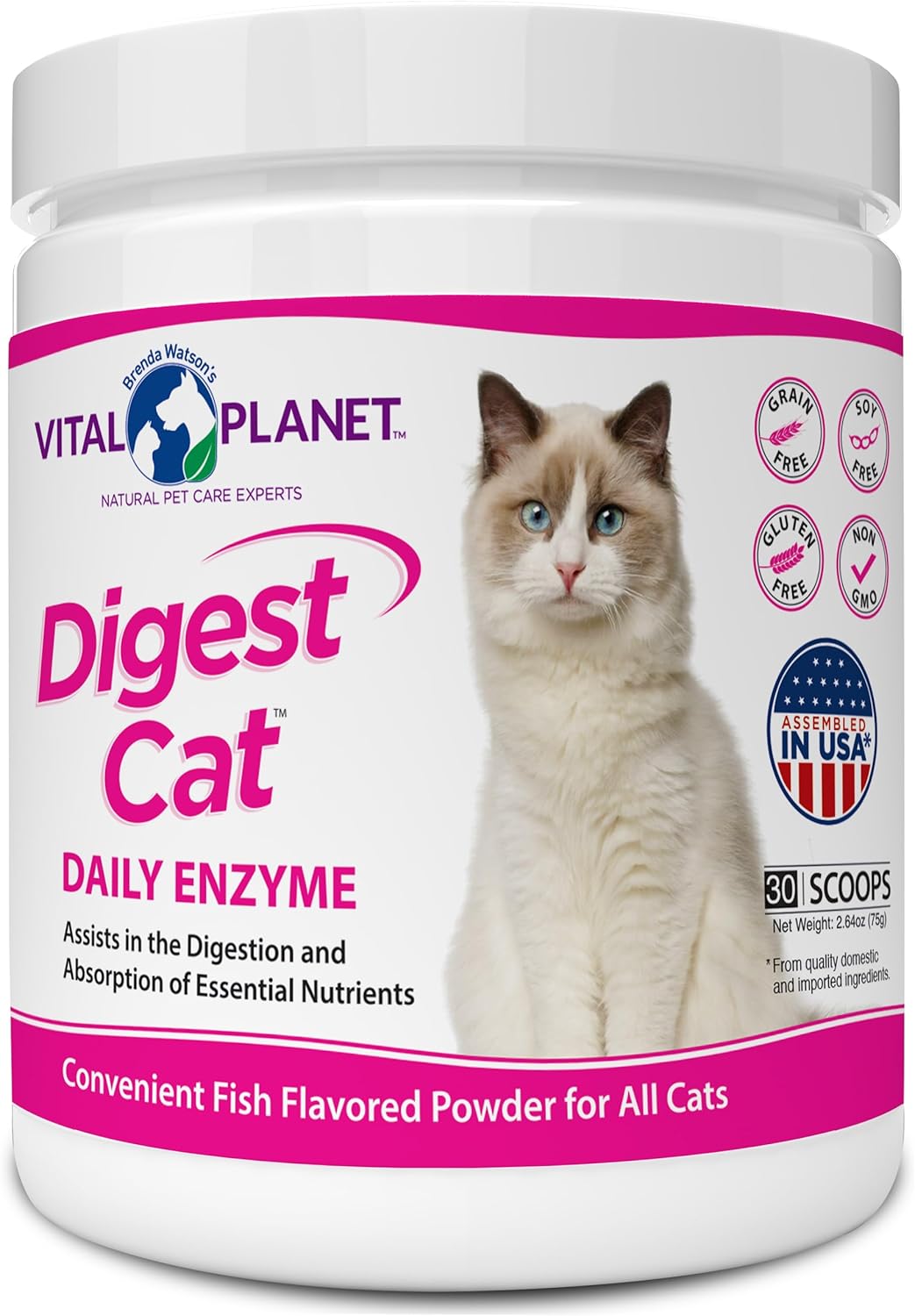 Vital Planet - Digest Cat Digestive Pancreatic Enzyme Blend with Pumpkin and Ginger to Support the Pancreas and Healthy Digestion with Pancreatin, Salmon Flavored Powder for Cats - 111 Grams 30 Scoops