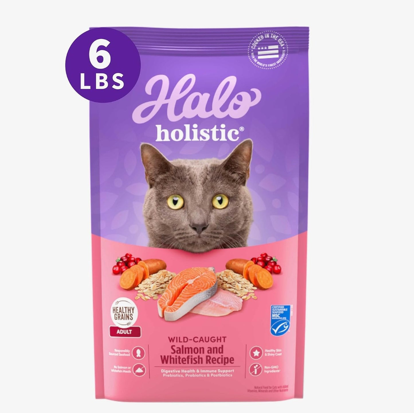 Halo Holistic Cat Food Dry, Wild-caught Salmon and Whitefish Recipe, Complete Digestive Health, Dry Cat Food Bag, Adult Formula, 6-lb Bag