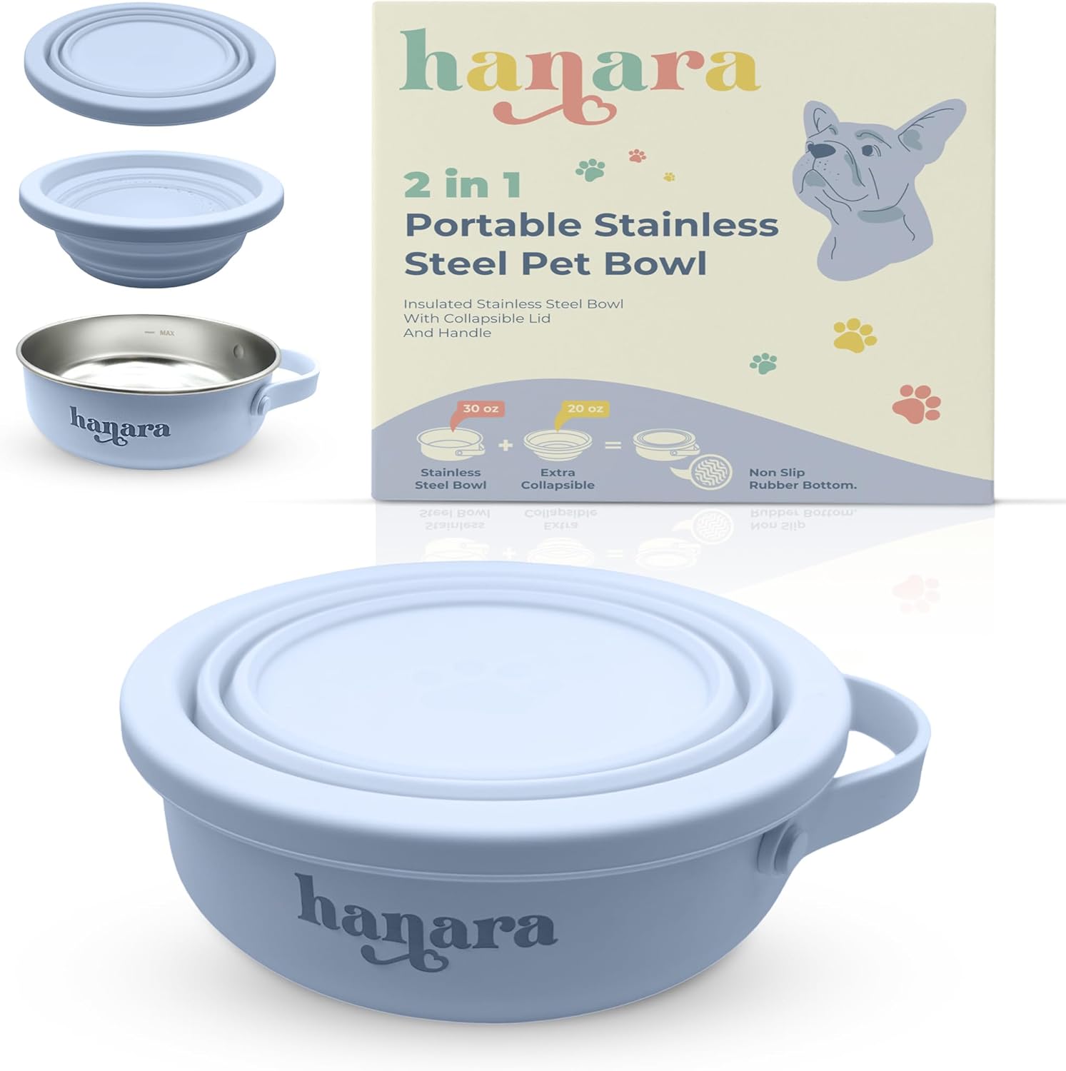 HANARA 2-in-1 Insulated Stainless Steel Dog Bowl with Extra Collapsible Lid and Handle for Dog Cat Pet | Non Slip Rubber Bottom | Portable, Great for Indoor, Outdoor| 30 OZ (Plus 20 oz) (Blue)