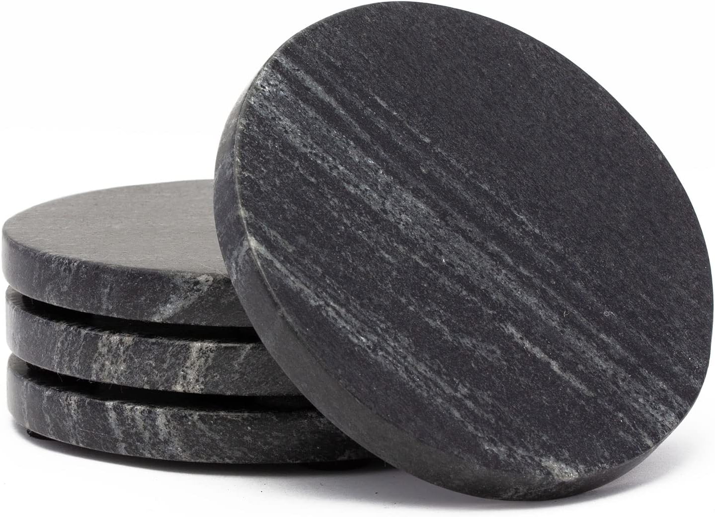 Thirstystone 4 Pack Natural Black Marble Round Coasters 4" Diameter Elegant Heat Tolerant