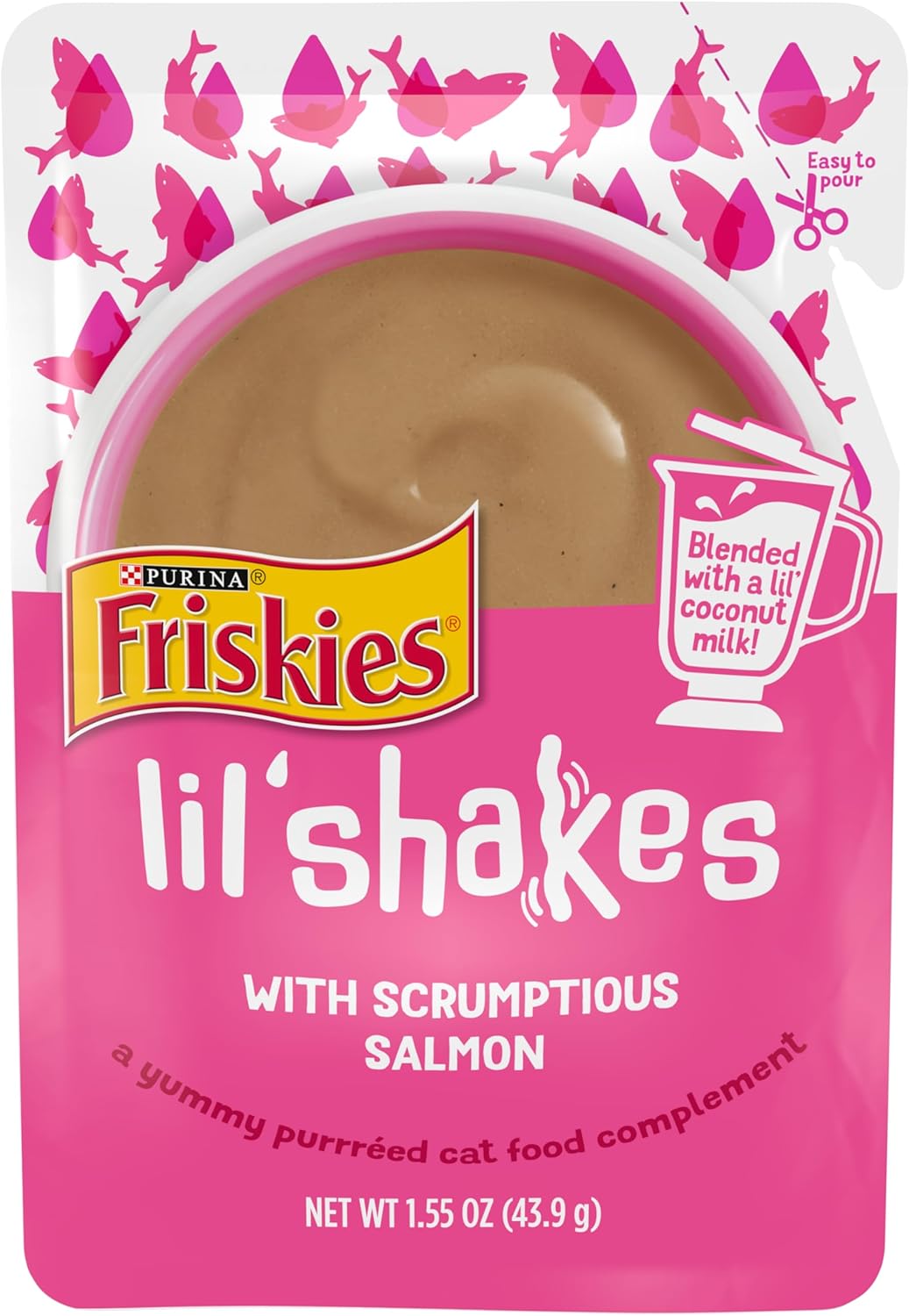 Purina Friskies Pureed Cat Food Topper, Lil’ Shakes With Scrumptious Salmon Lickable Cat Treats - (Pack of 16) 1.55 oz. Pouches