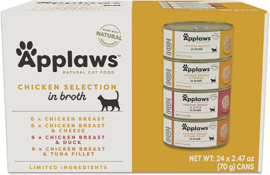 Applaws Natural Wet Cat Food in Broth, Limited Ingredient Canned Wet Cat Food, Cat Food Variety Pack, Made with Natural Ingredients, Chicken Selection Variety Pack in Broth (24 x 2.47oz Cans)