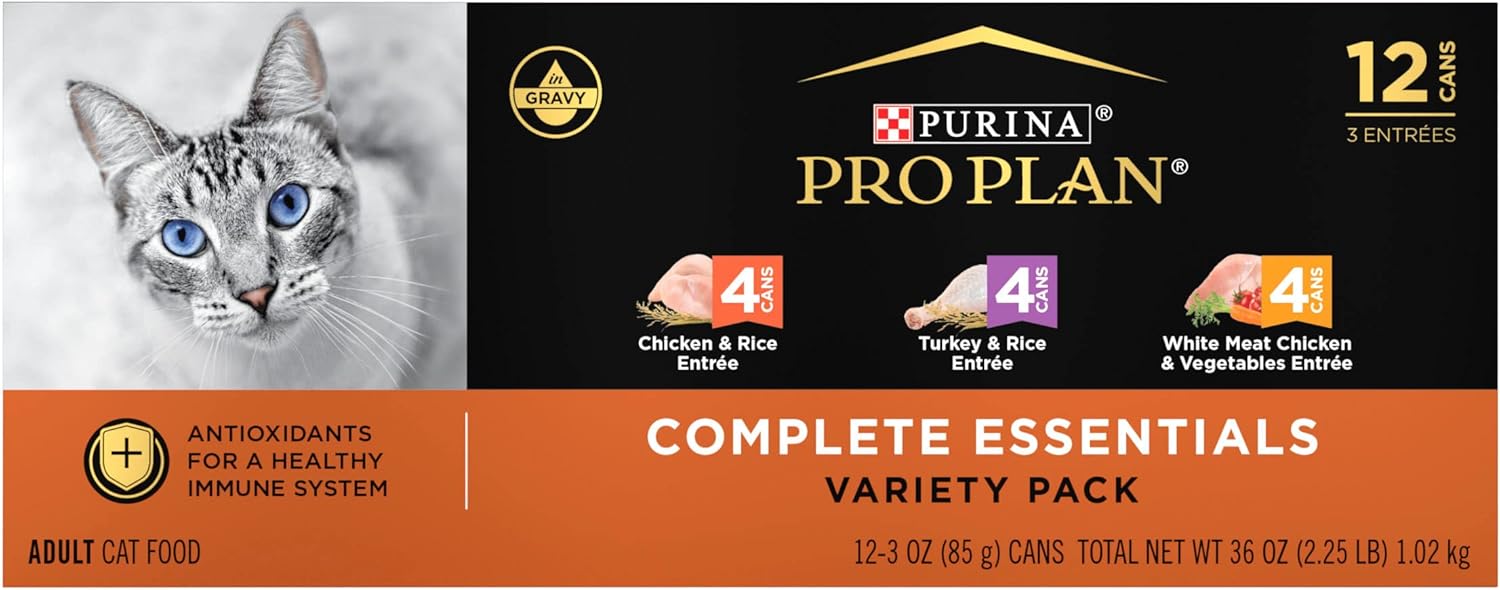 Purina Pro Plan Gravy, High Protein Wet Cat Food Variety Pack, Complete Essentials Chicken and Turkey Favorites - (2 Packs of 12) 3 oz. Cans