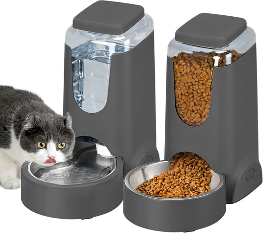 2 Pack Automatic Cat Feeder and Stainless Steel Water Dispenser, Gravity Dog Waterer Set Food Feeder and Waterer Set for Small Medium Kitten Puppy Pets(1 Gallon x 2, Charcoal Gray)