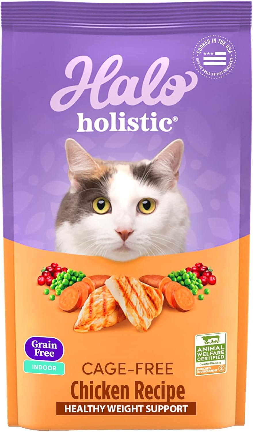 Halo Holistic Indoor Cat Food Dry, Grain Free Cage-free Chicken Recipe for healthy weight support, Complete Digestive Health, Dry Cat Food Bag, Adult Formula, 6-lb Bag