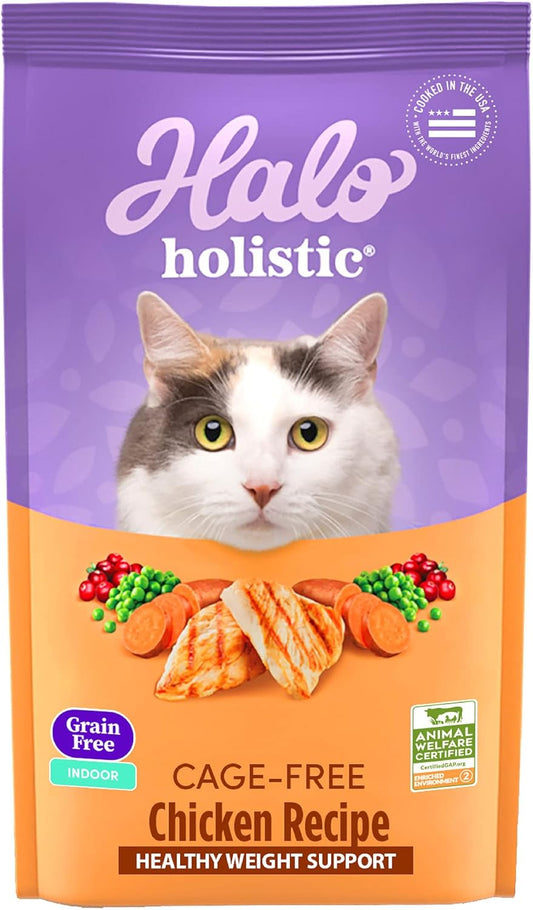 Halo Holistic Indoor Cat Food Dry, Grain Free Cage-free Chicken Recipe for healthy weight support, Complete Digestive Health, Dry Cat Food Bag, Adult Formula, 6-lb Bag