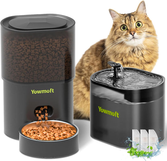 Automatic Cat Feeder & Cat Fountain, 3L Timed Cat Food Dispenser for Dry Food, 10 Portions 1-4 Daily Meals Auto Cat Feeder with Desiccant Bag, Cat Water Dispenser with Filter, Wire or Battery Powered