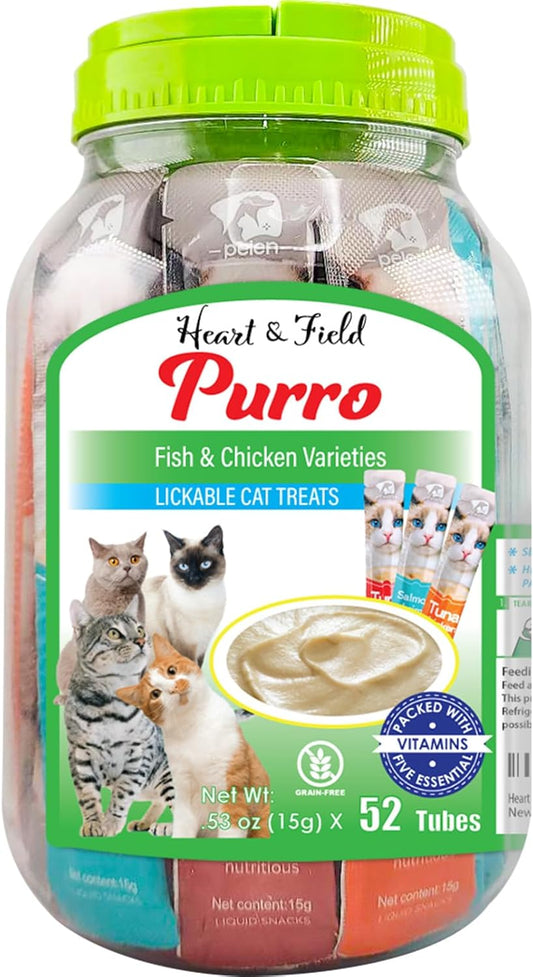 Heart & Field - Purro Squeezable, Lickable Cat Treats, 52 Count Variety Pack- Tuna Shrimp, Salmon Shrimp, Tuna Chicken Cat Treat