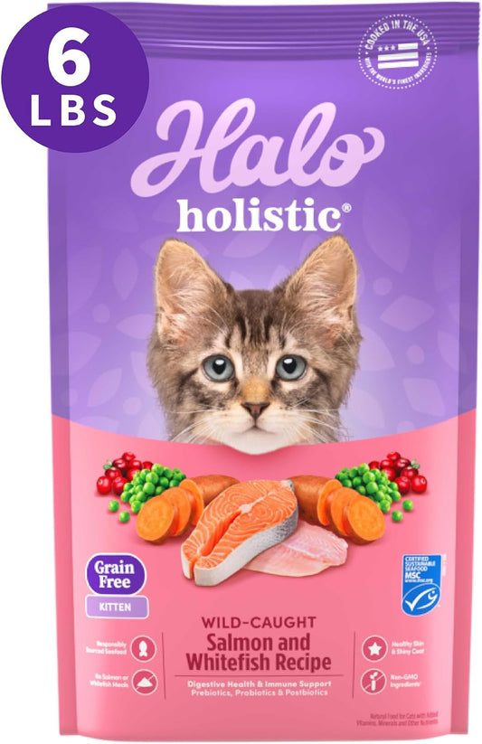 Halo Holistic Kitten Food Dry , Grain Free Wild - caught Salmon and Whitefish Recipe, Complete Digestive Health , Dry Cat Food Bag , Kitten Formula, 6-lb Bag