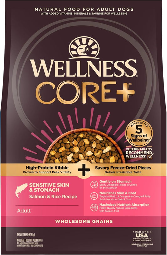 Wellness CORE+ Senstive Skin & Stomach Natural Adult Dry Dog Food, Salmon & Rice Recipe, 18 Pound Bag