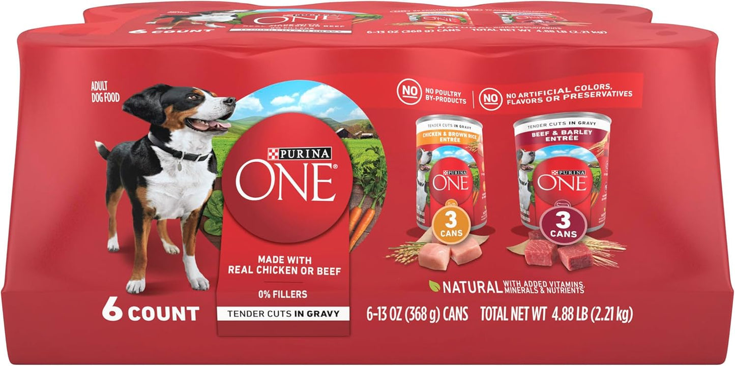 Purina ONE Tender Cuts in Gravy Chicken and Brown Rice, and Beef and Barley Entrees Wet Dog Food Variety Pack - (2 Packs of 6) 13 oz. Cans