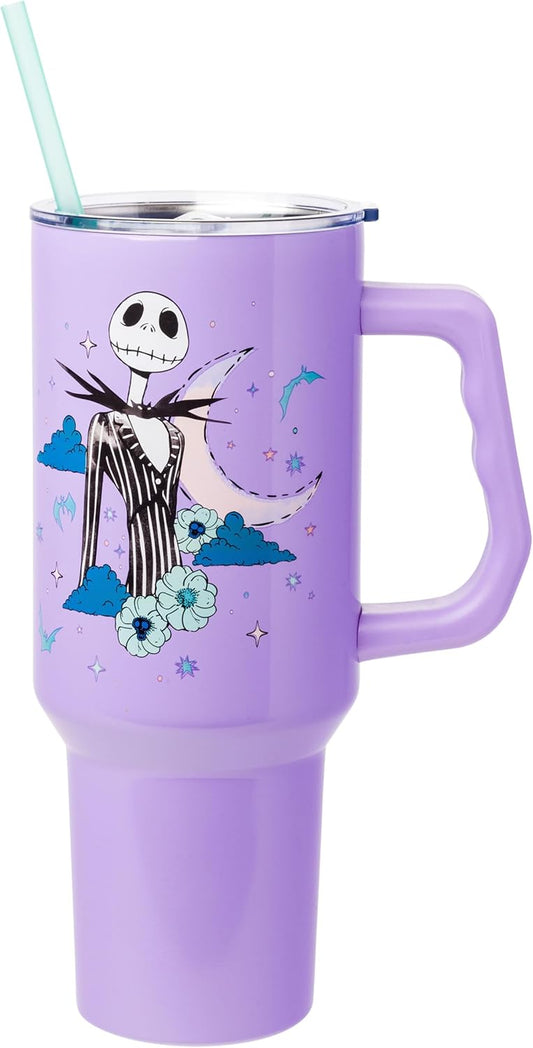 Silver Buffalo Disney Nightmare Before Christmas by Tim Burton Jack Skellington Stainless Steel Tumbler with Handle and Straw, Fits in Standard Cup Holder, 40 Ounces