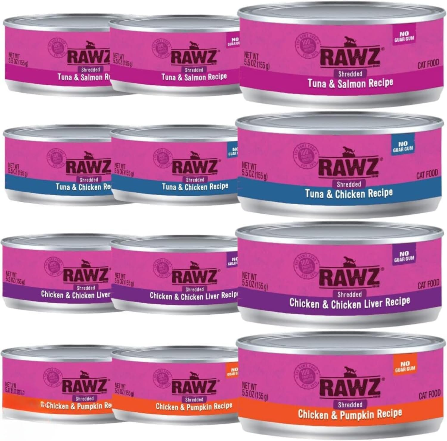 Rawz Natural Premium Canned Cat Wet Food Shredded -12 Pack Cans Variety Bundle -4 Flavors - (Tuna & Salmon, Chicken Liver, Tuna & Chicken, Chicken& Pumpkin) (5.5 oz Can Lid)