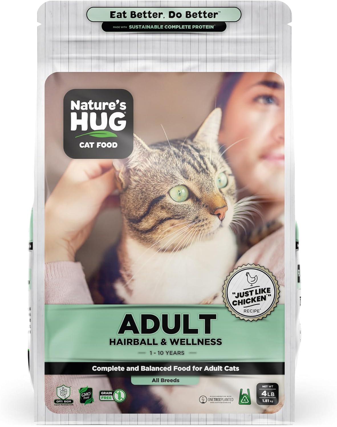 Nature's HUG Dry Cat Food, for Adult-All Breeds, 4 lb. Bag, Just Like Chicken Recipe, Grain Free & Hypoallergenic, Supports Microbiome Health, Sustainable Complete Protein & Balanced Nutrition