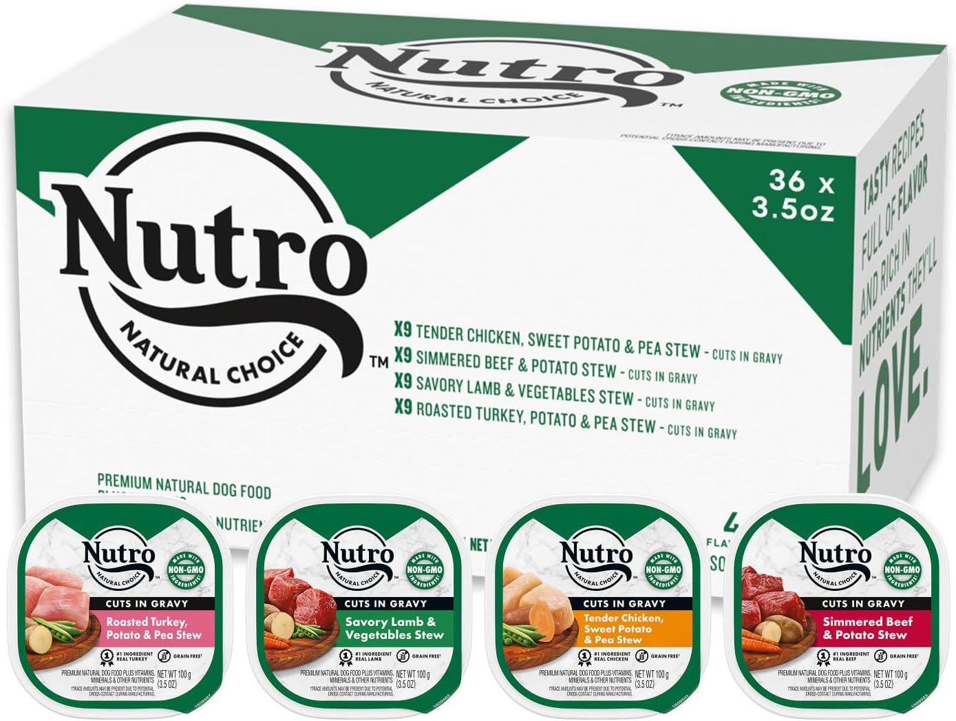 NUTRO Natural Grain Free Adult Dog Wet Food Cuts in Gravy Variety Pack of Beef, Lamb, Chicken, and Turkey Recipes, 3.5 oz. Trays (Pack of 36)