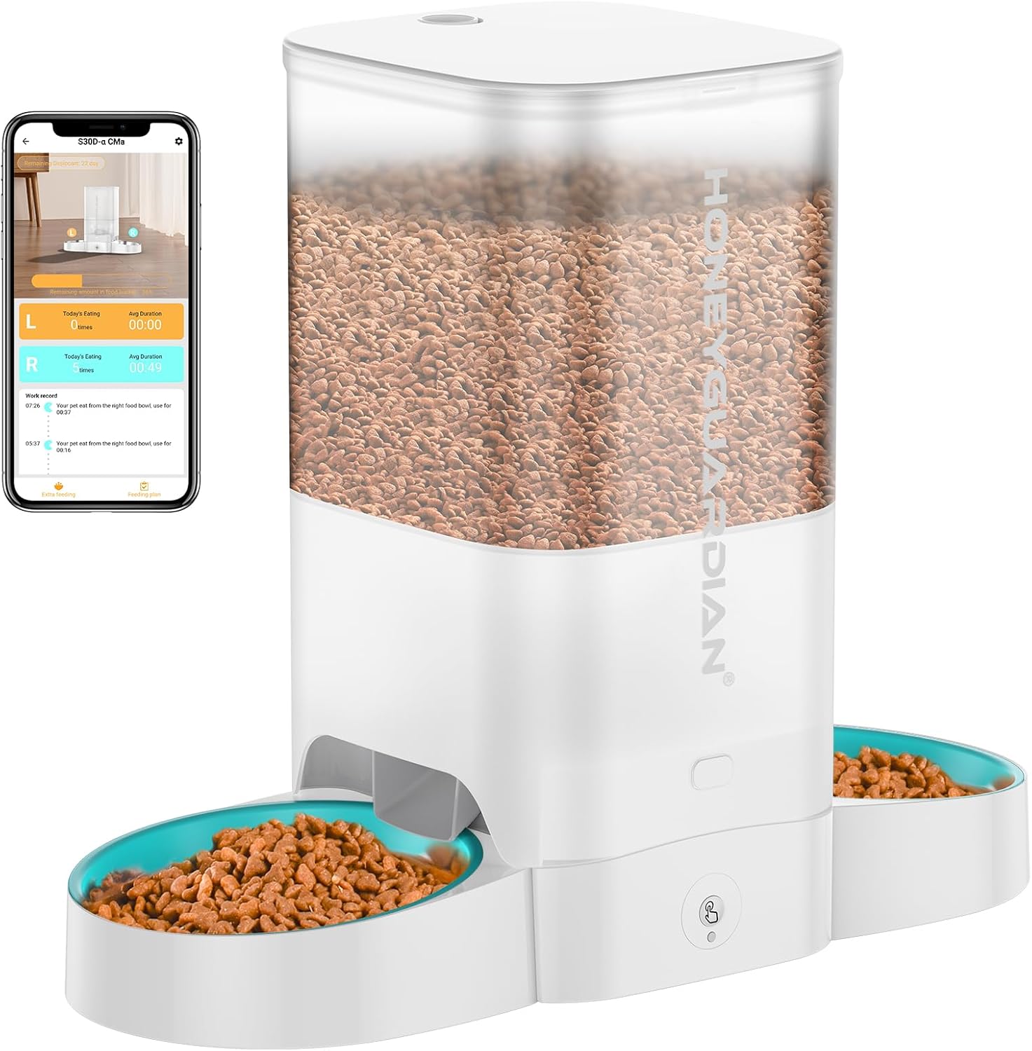 HoneyGuaridan 5L Automatic Cat Feeder for Two Cats, 2.4G WiFi Enabled Smart Feed Pet Feeder with Slow Feeder Bowl,APP Control Dispenser, Dual Power Supply,Desiccant Bag,10s Meal Call White