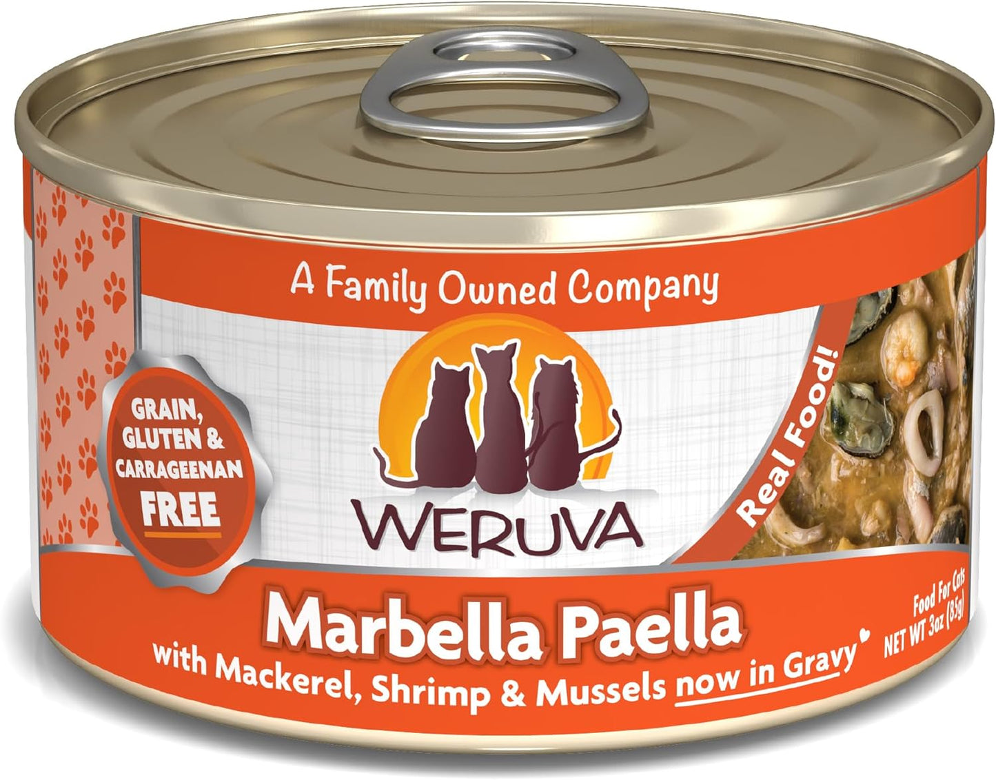 Weruva Classic Cat Food, Marbella Paella with Mackerel, Shrimp, & Mussels in Gravy, 3oz Can (Pack of 24)