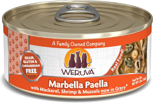 Weruva Classic Cat Food, Marbella Paella with Mackerel, Shrimp, & Mussels in Gravy, 5.5oz Can (Pack of 24)