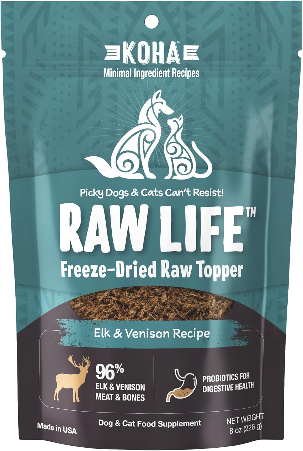 KOHA Raw Life Freeze-Dried Raw Topper Elk & Venison for Dogs and Cats, High Protein Meal Topper for Picky Eaters with Probiotics, 8oz Bag