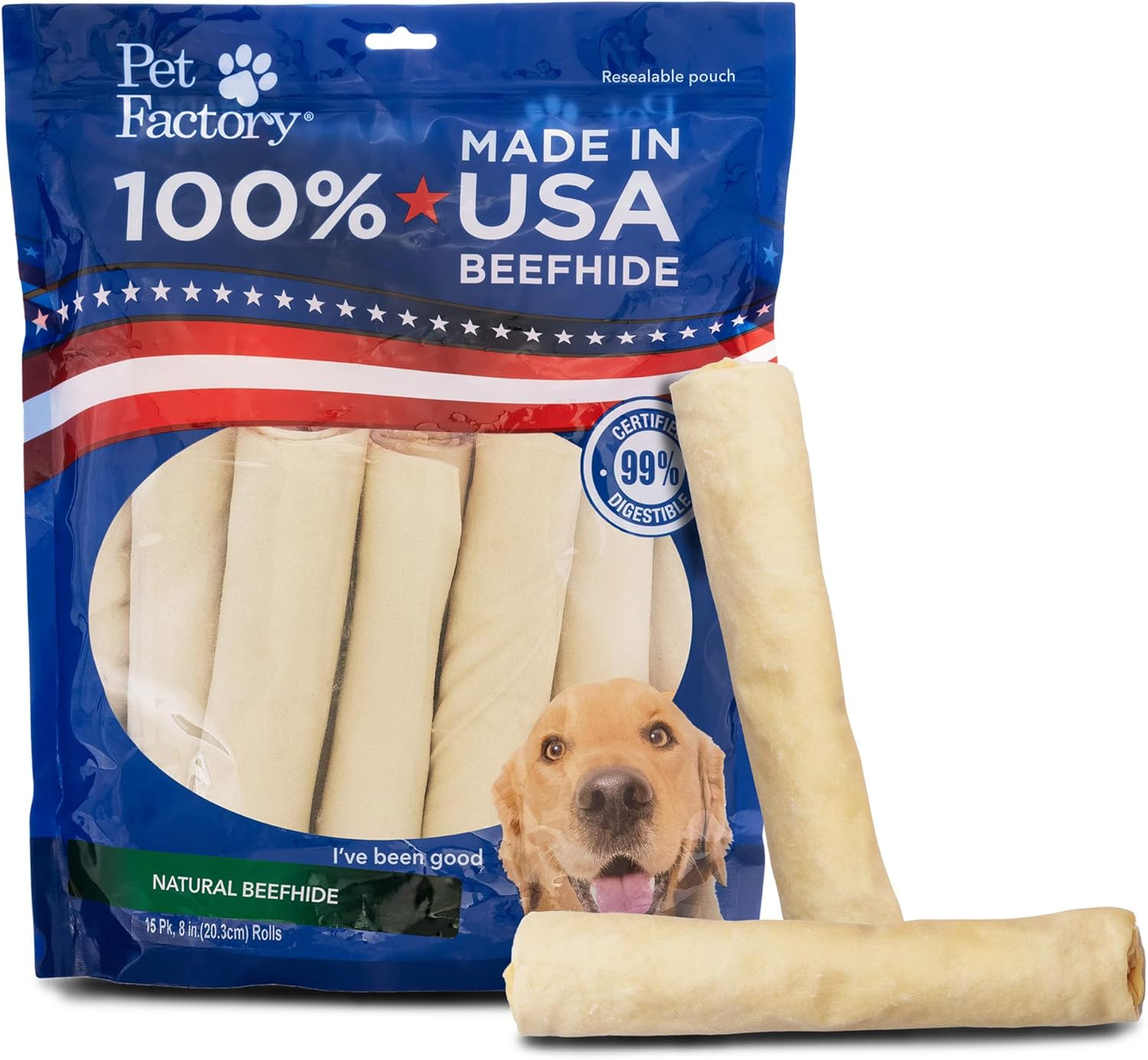 Pet Factory 100% Made in USA Beefhide 8" Rolls Dog Chew Treats - Natural Flavor, 15 Count\/1 Pack