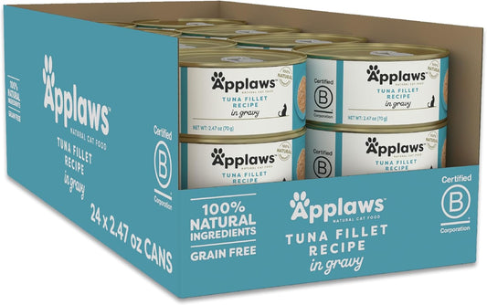 Applaws Natural Wet Cat Food in Gravy, Limited Ingredient Canned Wet Cat Food, No Additives, Made with Natural Ingredients, Tuna Fillet in Gravy (24 x 2.47oz Cans)