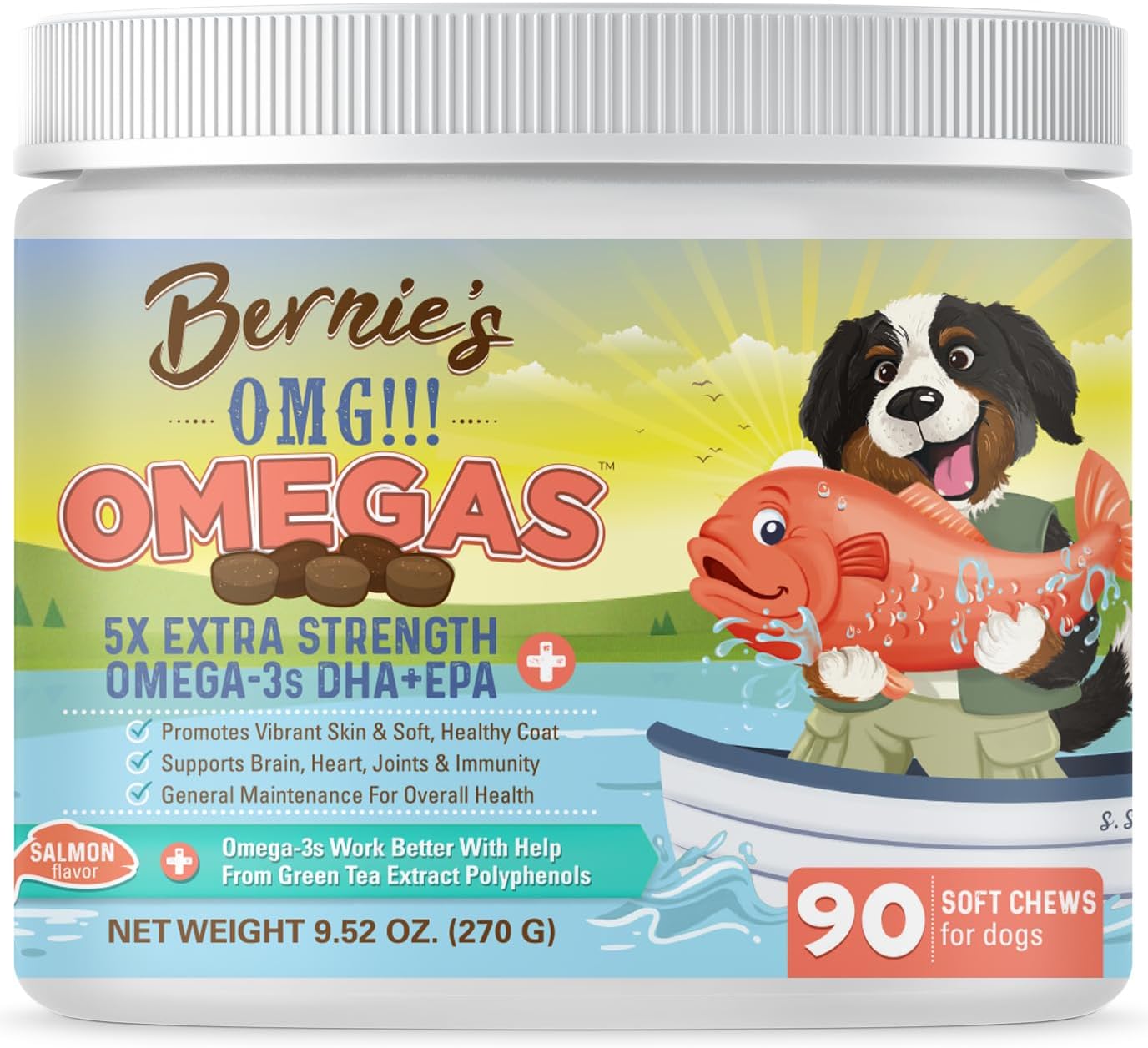 Bernie\u2019s OMG!!! Omegas 5X Extra Strength Omega-3s DHA+EPA, Chews with Fish Oil for Dogs, Ultimate Skin & Coat, Works as Dog Allergy Chews, Dog Calming Chews, Joint Supplement. (Salmon)