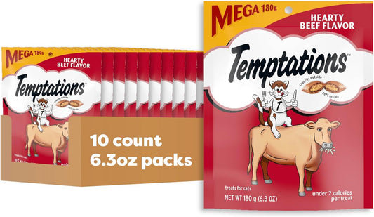 Temptations Classic Crunchy and Soft Cat Treats Hearty Beef Flavor, 6.3 oz. Pouch (Pack of 10)