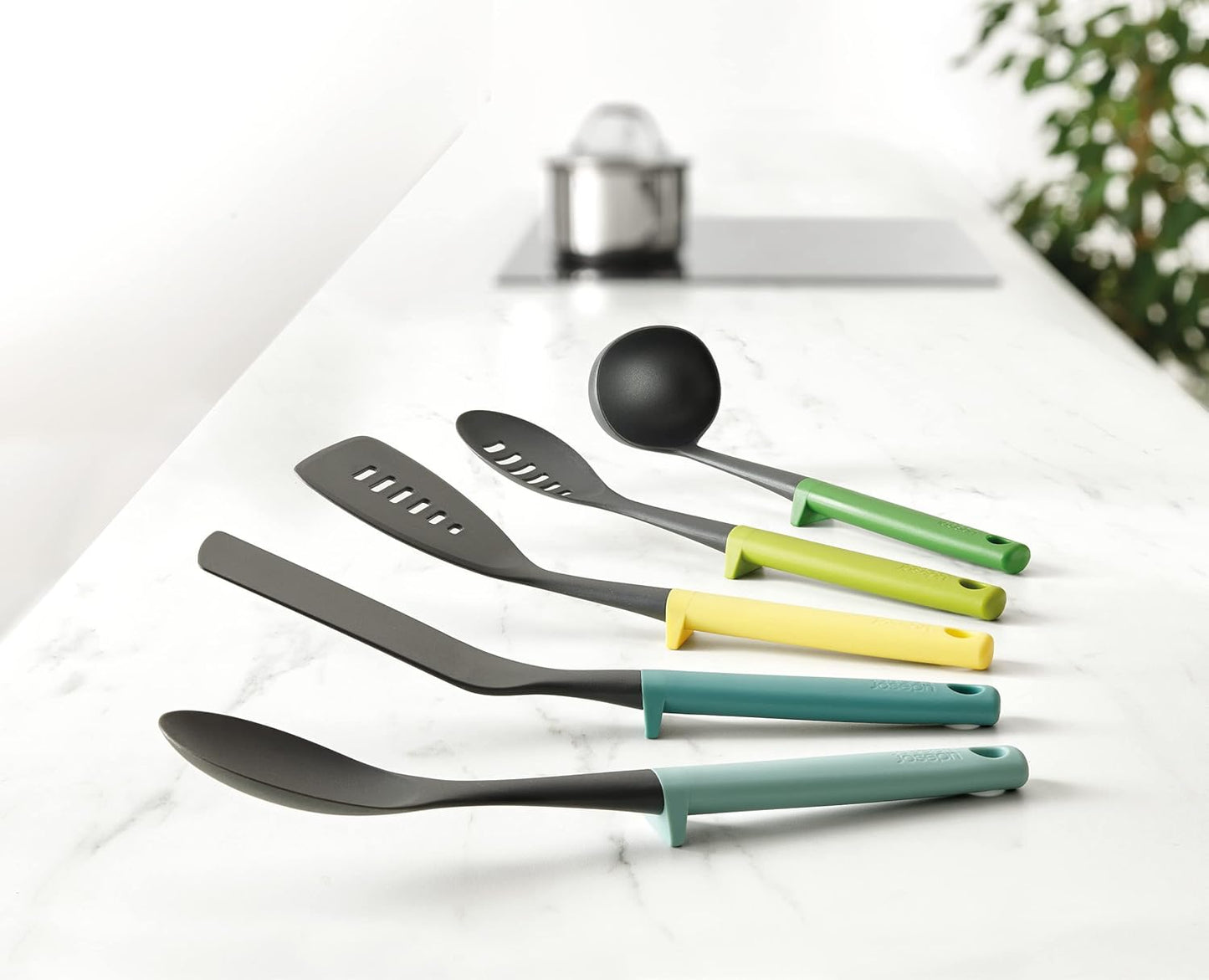 Joseph Joseph Duo 5-Piece Utensil Set with Integrated Tool Rests: Vibrant Set with Solid & Slotted Spoons, Turners, and Ladle, Hygienic Design, Heat-Resistant, Perfect for Hanging Storage