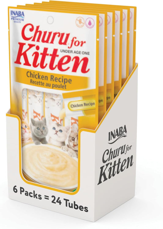 INABA Churu for Kittens, Grain-Free Creamy, Purée Lickable Cat Treats with DHA, EPA, Vitamin E & Taurine, 0.5 Ounces Each, 24 Tubes (4 per Pack), Chicken Recipe