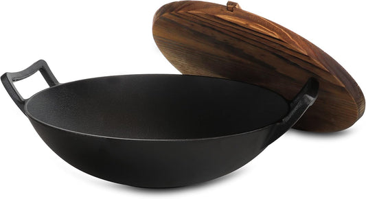 Megachef 14 Inch Pre-Seasoned Cast Iron Wok with Lid