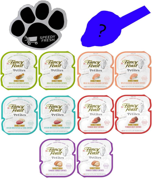 Bundle of FF Petites Pate Wet Cat Food Variety Bundle (20 Servings /10 Pack/5 Flavors) with Magnet and Mystery Mouse Toy