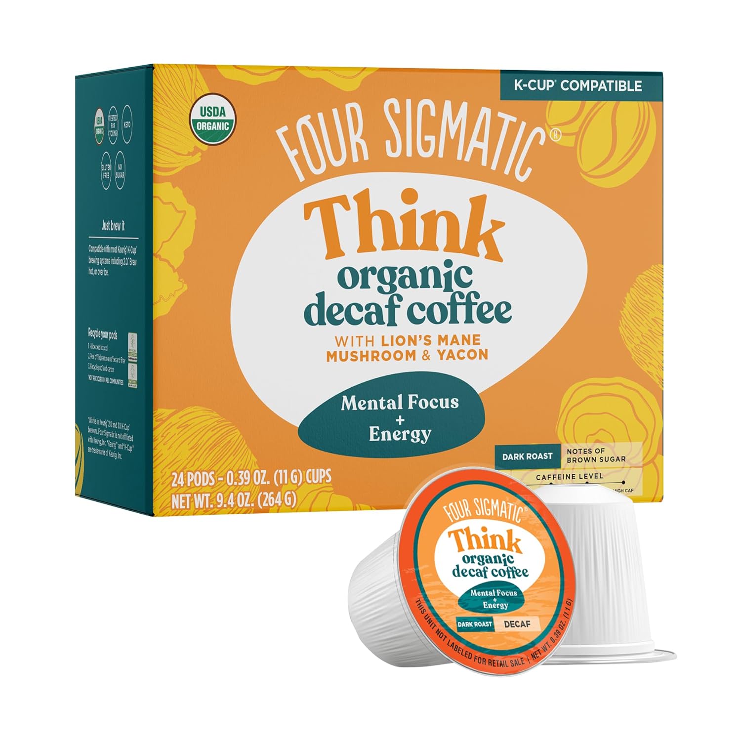 Four Sigmatic Decaf Mushroom Coffee K-Cups | Organic and Fair Trade Dark Roast Coffee with Lion\u2019s Mane & Yacon | Focus & Immune Support | Vegan & Keto | Sustainable Pods | 24 Count