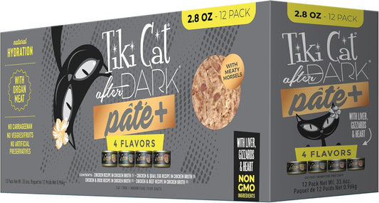 Tiki Cat After Dark Pate+, Variety Pack, with High Moisture Broth for Optimal Hydration, Wet Canned Cat Food, 2.8 oz. Cans (Pack of 12)