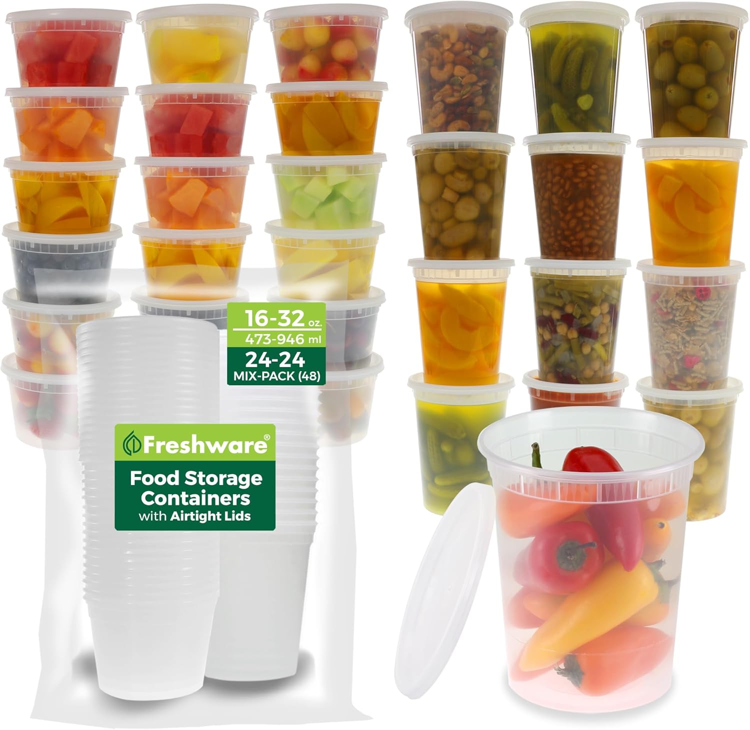 Freshware 48 Pack of 16 and 32 oz, 24 sets each size Food Storage Containers with Lids, Plastic Deli Containers, Meal Prep Containers, Microwave and Freezer Safe, Stackable, Leakproof, BPA Free, Clear