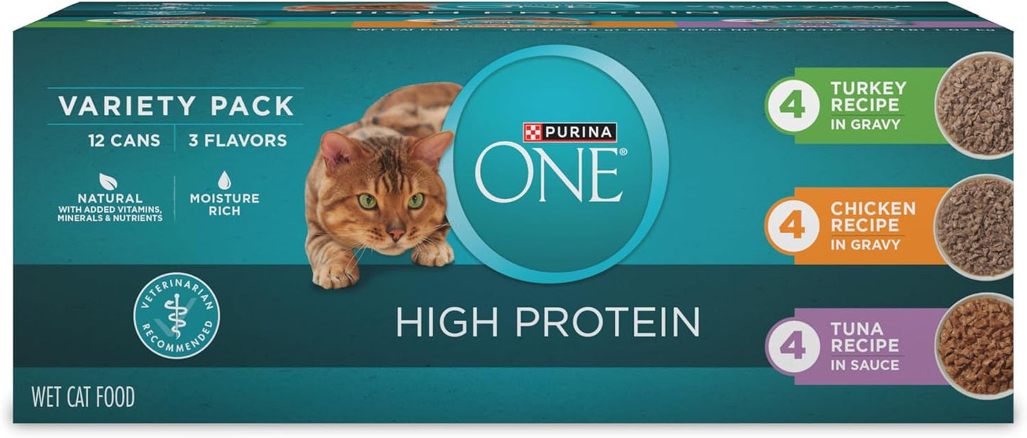 Purina ONE Natural, High Protein Cat Food Variety Pack, Turkey, Chicken and Tuna Recipes - 3 Ounce (Pack of 24)