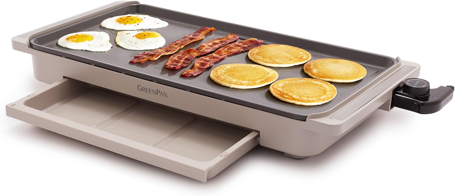 GreenPan Advanced 10.5\u201Dx 20\u201D Electric Griddle with Warming Drawer, Healthy Ceramic Nonstick PFAS-Free Coating, Temperature Control, Easy and Versatile Countertop Meals, Dishwasher Safe, Clay