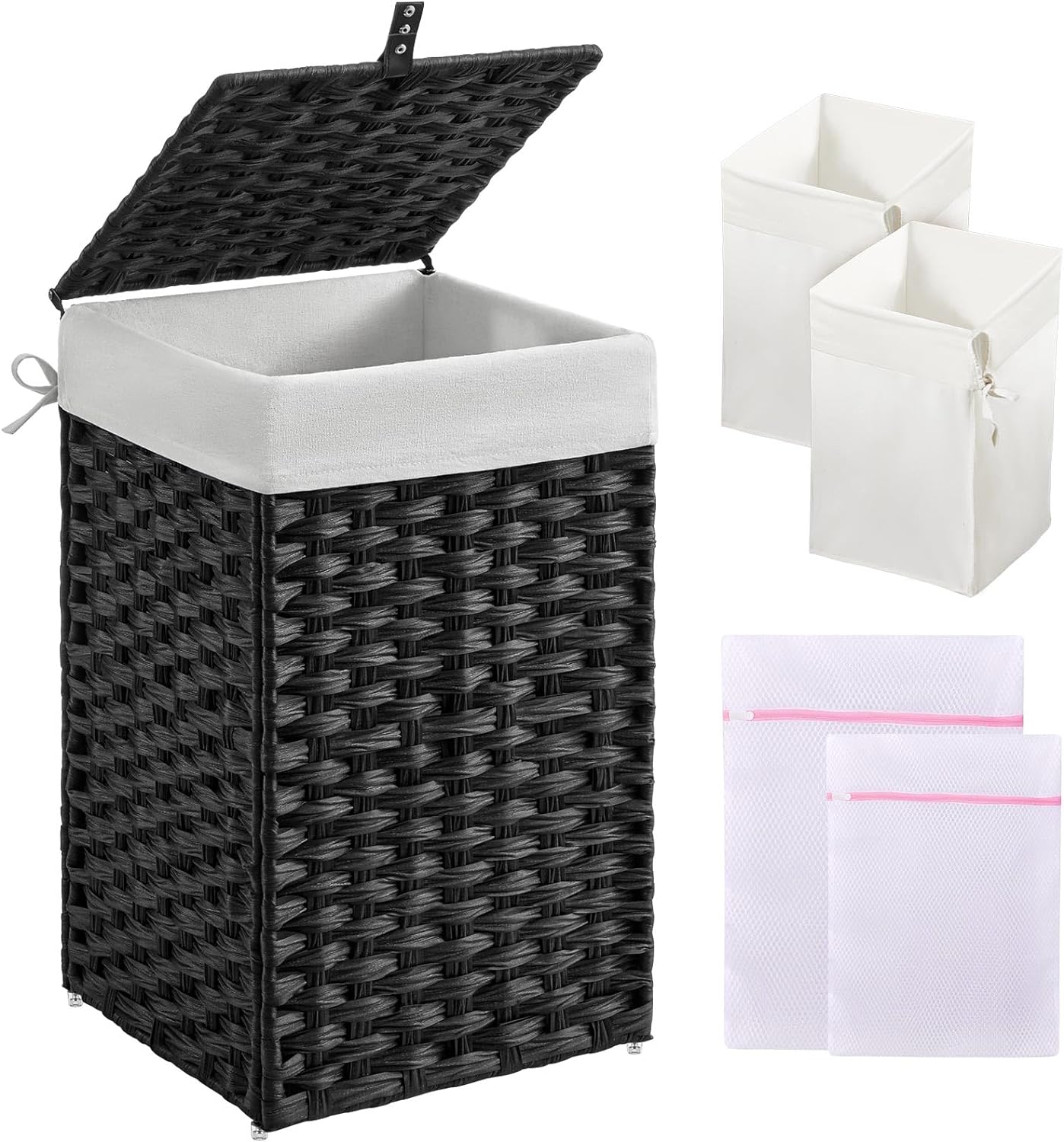 Greenstell Laundry Hamper with Lid, 60L Clothes Hamper with 2 Removable Liner Bags & 3 Mesh Laundry Bags, Handwoven Synthetic Rattan Laundry Basket for Clothes, Toys in Bathroom, Bedroom, Black