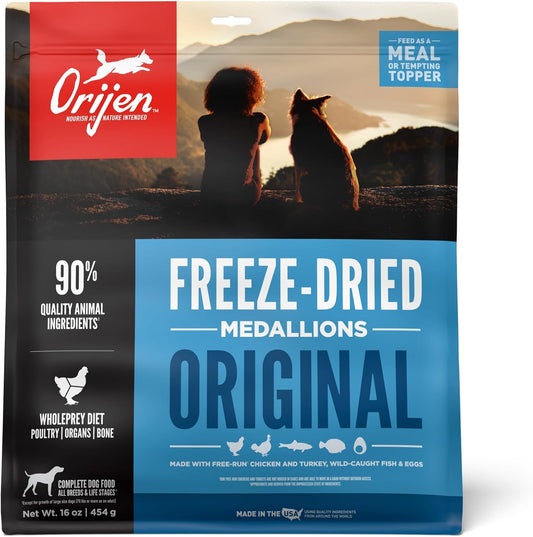 ORIJEN Original Freeze Dried Medallions, Grain Free Dry Dog Food and Topper, WholePrey Ingredients, 16 oz