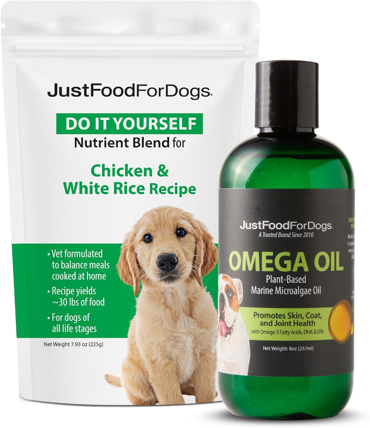 JustFoodForDogs DIY Homemade Chicken Dog Food Nutrient Blend and Omega Oil Bundle, Eco-Friendly Algae Oil, Omega-3 Fatty Acids