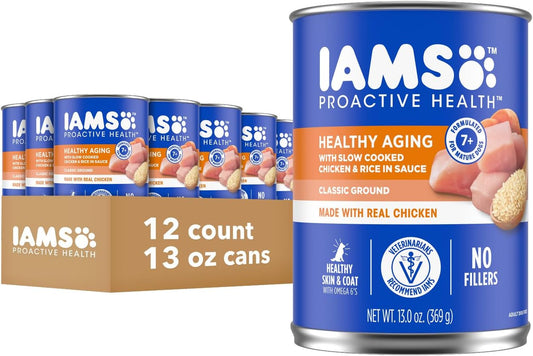 IAMS Proactive Health Healthy Aging Wet Dog Food Classic Ground with Slow Cooked Chicken and Rice, 13 oz. Cans, Pack of 12