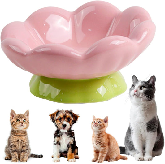 DIF DECO Ceramic Raised Cat Bowl, Pink Elevated Cat Food Bowls for Food and Water Protecting Spine and Whisker friendly,Tulip Shape Cute Cat Feeder Dish for Indoor Cats and Small Dogs(Height 3.3 inch)