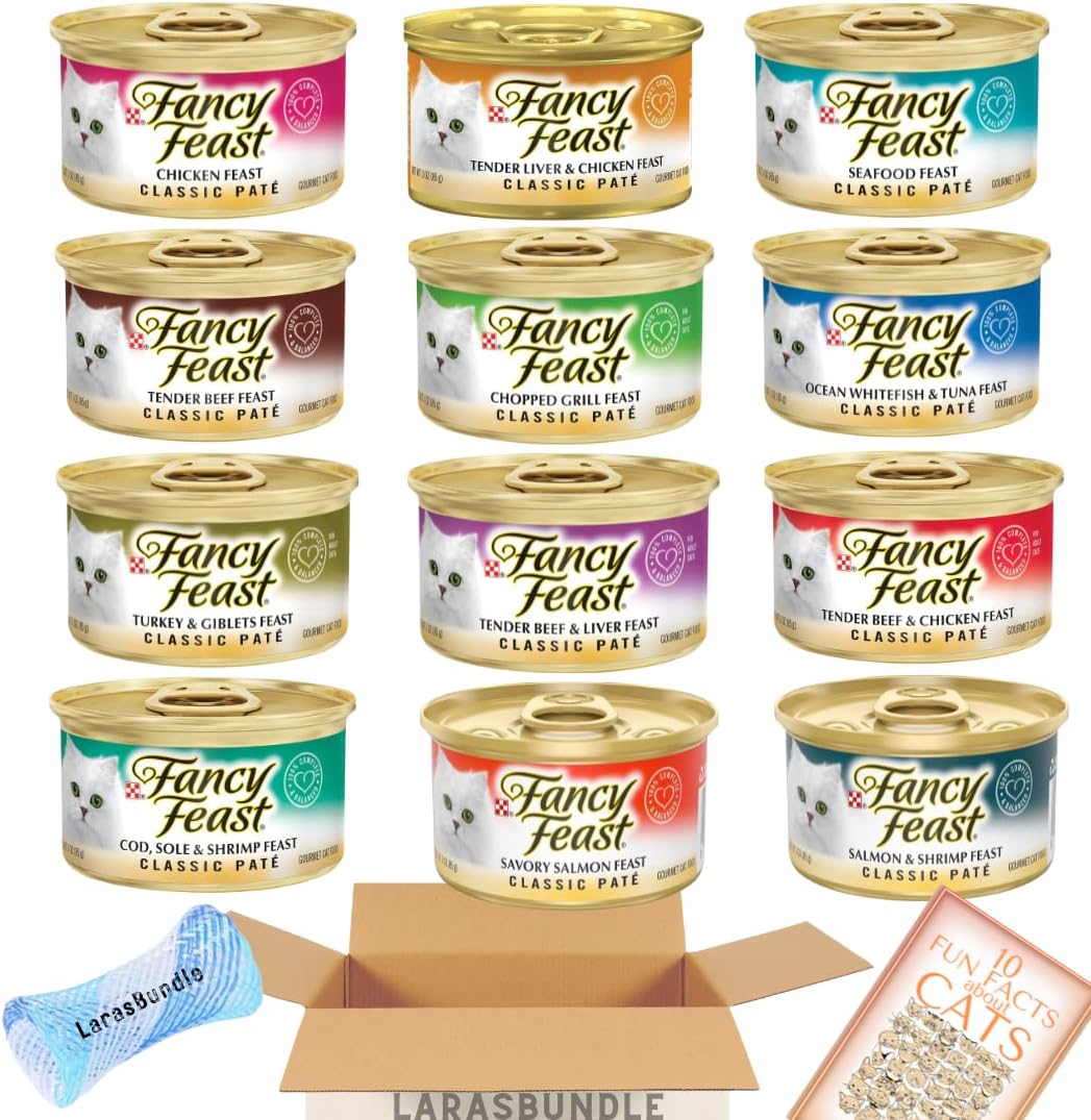 LarasBundle Fancy Feast Wet Cat Food | Fancy Feast Pate Cat Food Variety Pack | Grain Free Cat Food | All 12 Flavors | 3 oz. cans Bundled Catnip Mice and Spring Toy