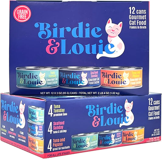 Birdie & Louie Wet Cat Food Variety Pack Tuna Tuesday/Seafood Sunday/Tuna and Papaya Cat Food Gourmet Entrees 3 Oz Cans | 2-Pack of 12-Can Variety Pack | 24 Cans Total